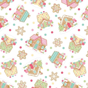 May include: A repeating pattern of gingerbread houses and snowflake cookies on a white background. The gingerbread houses have colorful icing, candy decorations, and snow. The pattern also includes colorful polka dots.