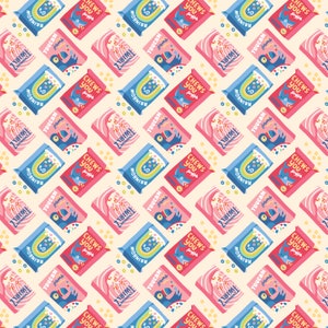 May include: A seamless pattern featuring colorful cereal boxes with toucans, dolphins, and rainbows. The boxes have the text "Chews You Puffs" and "Wirlz" on them. The background is a light cream color.