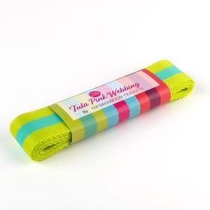 May include: A roll of Tula Pink Webbing by Renaissance Ribbons. The webbing is a bright lime green color with turquoise stripes. The roll is wrapped with a label that has the text "Tula Pink Webbing" and a colorful striped pattern.
