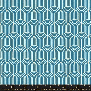 May include: Teal and cream-colored fabric with a repeating arched pattern. The design features rows of teal arches outlined in cream, creating a textured, geometric look. The bottom edge includes a ruler and the text "RUBY STAR SOCIETY".