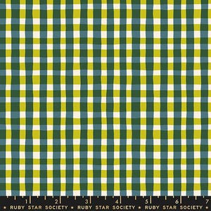 May include: A fabric with a green, blue, and cream plaid pattern. The design features vertical and horizontal stripes creating a checkered effect. The text "RUBY STAR SOCIETY" is at the bottom.