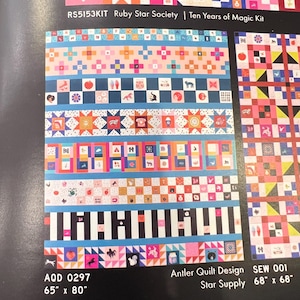 May include: A colorful quilt kit with various geometric patterns and images. The quilt features a mix of pink, blue, orange, and white squares and rectangles. The text "RS5153KIT Ruby Star Society | Ten Years of Magic Kit" is visible. The quilt measures 65" x 80".
