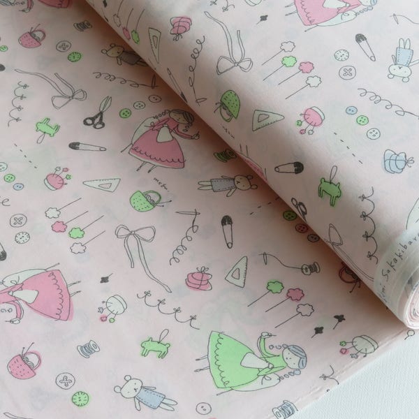 1/2  yard Megumi Sakakibara for Kei Fabric | Hand Drawn Doll Sewing | MS1804ET-A Pink | Japanese Import