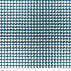 May include: Teal and white gingham fabric. The pattern features a classic checkered design with small squares. The fabric is suitable for various sewing and crafting projects. The image includes a ruler with inch measurements.