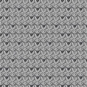 May include: A repeating pattern featuring white stylized leaves and small circles on a grey background. The leaves are arranged in vertical rows, with alternating dark and light circles between them. The design is simple and elegant.