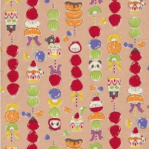 May include: A repeating pattern of colorful fruit skewers, candies, and bear characters on a light peach background. The skewers include strawberries, oranges, kiwi, and green mochi balls. Some jars have the text "It's so Good" and "Delish".
