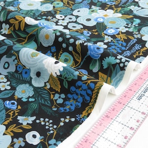 Blue Garden Party by Cotton + Steel Rifle Paper Co. | Garden Party Collection | RP100-BL5 Blue Floral on Black