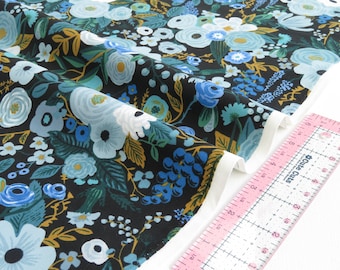 Blue Garden Party by Cotton + Steel Rifle Paper Co. | Garden Party Collection | RP100-BL5 Blue Floral on Black