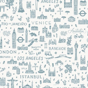 Silhouette de voyageur du monde en bleu de la collection Bon Voyage de Rifle Paper Co. | | en tissu coton + acier RP803-BL1