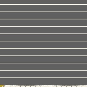 May include: A dark gray fabric with thin white stripes. The fabric is measured with a ruler in inches.
