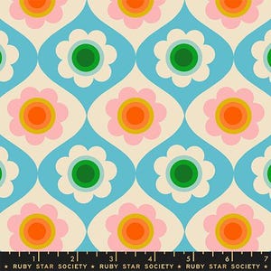 以下が含まれることがあります： レトロなデザインの、様式化された花の繰り返し模様。花はピンク、白、オレンジの花びらと緑色の中心を持ち、水色とクリーム色の背景に配置されています。「RUBY STAR SOCIETY」の文字が下部にあります。