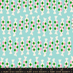 May include: Fabric with a repeating pattern of candy-shaped designs. Each candy has a white wrapper and a diamond pattern in pink and green. The background is a light blue color. The text "RUBY STAR SOCIETY" is at the bottom.