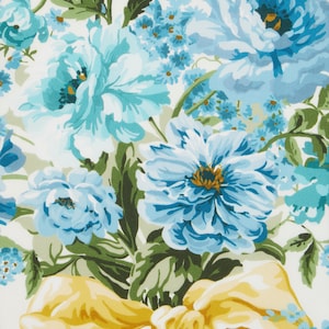 May include: A white background with a floral pattern featuring blue and green flowers. The flowers are tied together with a yellow ribbon. The text "LIBERTY. & BRIDGERTON FABRICS shondaland | NETFLIX" is at the bottom of the image.