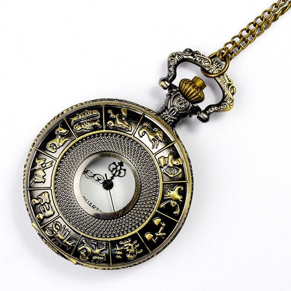 Twelve zodiac Pocket Watch Necklace Kit Bronze Pocket Watch Etsy