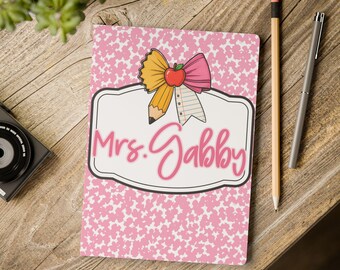 Teacher Name Notebook  Softcover Journal | Pink Pencil Bow Design