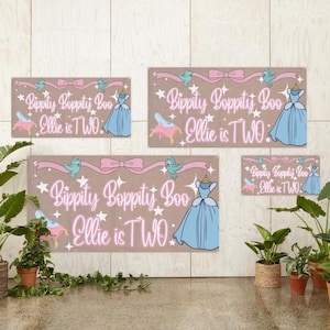 May include: A set of four party banners with a princess theme. Each banner features the text "Bippity Boppity Boo Ellie is TWO" in pink script, along with illustrations of a blue gown, a glass slipper, and birds. The banners are in various sizes.