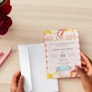 May include: A gender reveal invitation with the text "HE OR SHE" and "What will our crawbaby be". The invitation is pink with a crawfish boil theme, featuring crawfish and lemons. The date is June 4th.