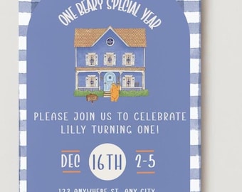 Bear and the big blue house party invitation . Editable Canva Birthday Invitation