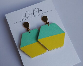 Geometric, graphic, hexagonal, colorful, yellow and water green earrings
