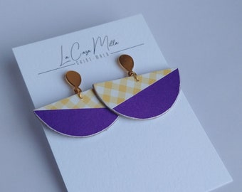 Geometric, graphic, colorful, gingham, pastel yellow, purple earrings