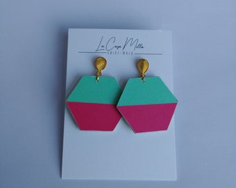 Geometric, graphic, hexagonal, colorful earrings, fuchsia pink and water green