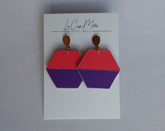 Geometric, graphic, hexagonal, colorful, purple and coral earrings