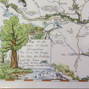 Kaart van de rivieren van South Shropshire. De Clun, de Kemp, de Unk, de Redlake en de Teme.