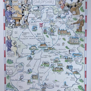 Eine historische Karte von Shropshire mit Charakteren und historischen Wahrzeichen von Shropshire, einige berühmt, andere weniger bekannt.