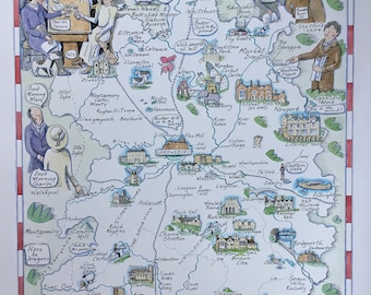A historical map of Shropshire, showing Shropshire characters and historic landmarks, some famous some lesser known.