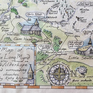 Mappa illustrata su canovaccio del Long Mynd Shropshire, che mostra il folklore locale, le usanze, le chiese e la fauna selvatica.