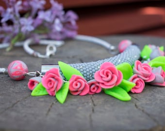 Colorful Flower Necklace. Statement necklace. Beaded crochet necklace Polymer clay jewelry Beadwork jewelry Gift for women Glow in the dark