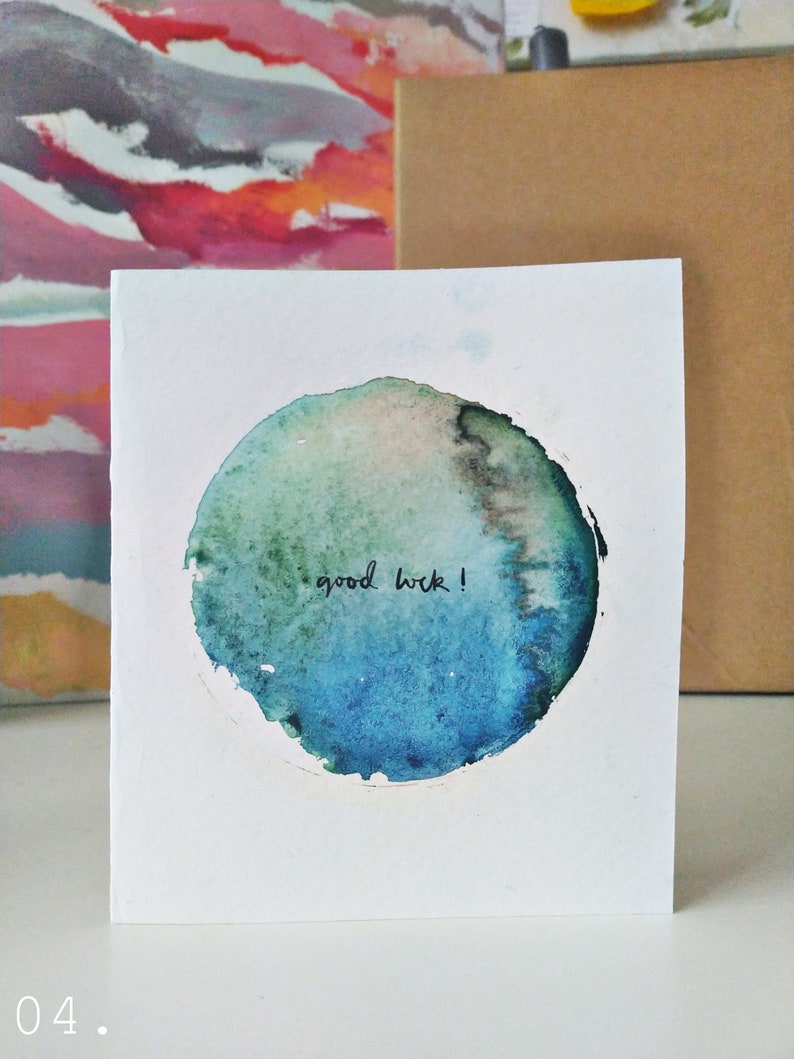 Good Luck Handmade Watercolour Circle Greetings Card Various Colours