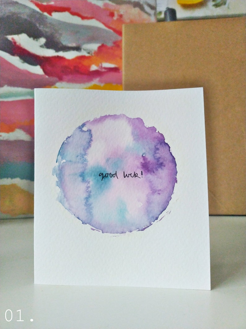 Good Luck Handmade Watercolour Circle Greetings Card Various Colours