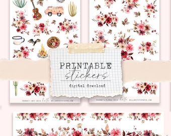 Printable Stickers - (3 different sticker sheets) rich traveling rustic floral printable stickers for journals and planners