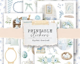 Printable Sticker kit - blue farmhouse floral mini kit for journaling, planning, collages, scrapbooking (6 different sticker sheets)