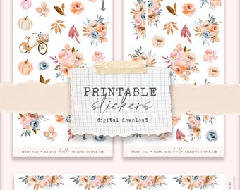 Printable Stickers - (3 different sticker sheets) decorative bright fall floral printable stickers for journals and planners