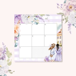 May include: A printable weekly planner with a floral design and two girls walking in a garden. The planner has a grid for each day of the week and a space for notes.