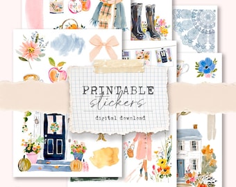 Printable Sticker kit - autumn cottage floral mini kit for journaling, planning, collages, scrapbooking (6 different sticker sheets)