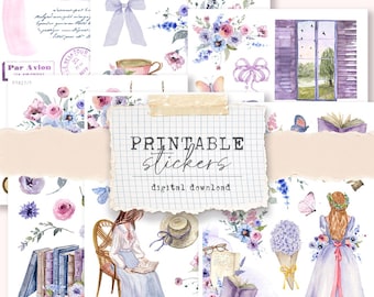 Printable Sticker kit - purple book core floral mini kit for journaling, planning, collages, scrapbooking (6 different sticker sheets)