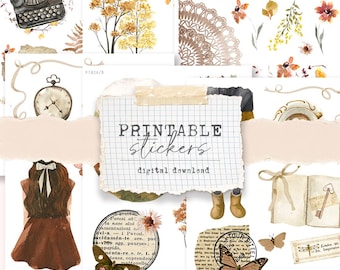 Printable Sticker kit - autumn book core floral mini kit for journaling, planning, collages, scrapbooking (6 different sticker sheets)