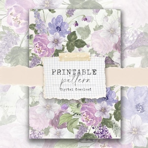 Pode incluir: Um padrão floral imprimível com flores em aquarela em tons de roxo, lavanda e branco. O design inclui uma variedade de flores e folhas verdes. O texto "PRINTABLE pattern digital download" é exibido em papel rasgado.