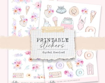 Printable Deco Stickers - pastel beach vertical sticker kit for weekly planning (2 different sticker sheets) Personal Use
