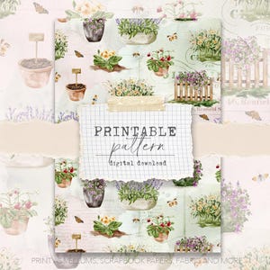 Pode incluir: Um padrão imprimível para download digital com ilustrações em aquarela de flores em vasos, borboletas e elementos de jardim. O texto "PRINTABLE pattern digital download" é visível. O padrão foi projetado para uso em velinos, papéis de scrapbook e tecido.