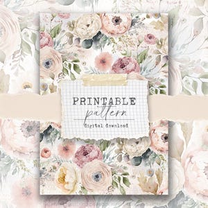 Pode incluir: Um design de padrão floral imprimível com rosas em aquarela em tons de rosa, pêssego e creme, com folhagem verde. O design inclui o texto "PRINTABLE pattern digital download" em um fundo de papel rasgado.