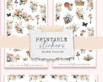 Printable Stickers - (3 different sticker sheets) soft neutral cottage printable stickers for journals and planners