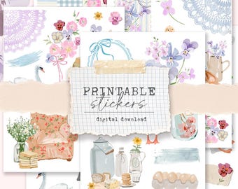 Printable Sticker kit - cottage animals floral mini kit for journaling, planning, collages, scrapbooking (6 different sticker sheets)
