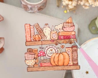 Autumn Bookshelf Sticker – Waterproof Vinyl, Hand-Drawn