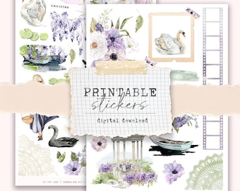 Printable Journaling Stickers - By the Lake, floral, swans, printable stickers for planners and journals (2 sticker sheets)