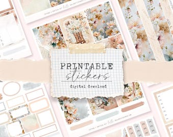 Printable Stickers - (4 different sticker sheets) soft neutral cottage printable stickers for journals and planners