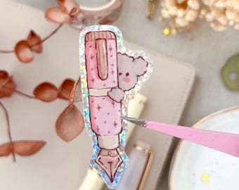Glitter fountain pen bear Sticker – Waterproof Vinyl, Hand-Drawn